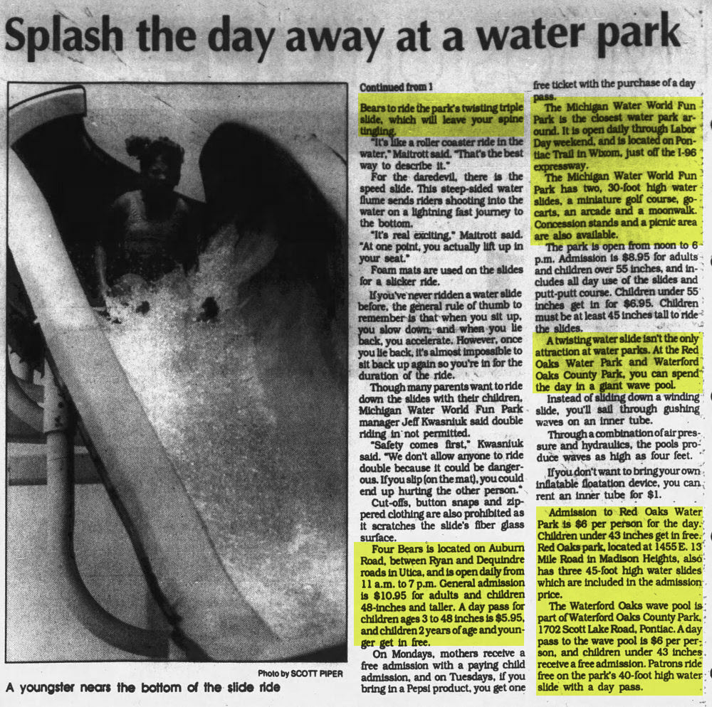 Four Bears Water Park - 1990 Article From Livingtson County Press (newer photo)